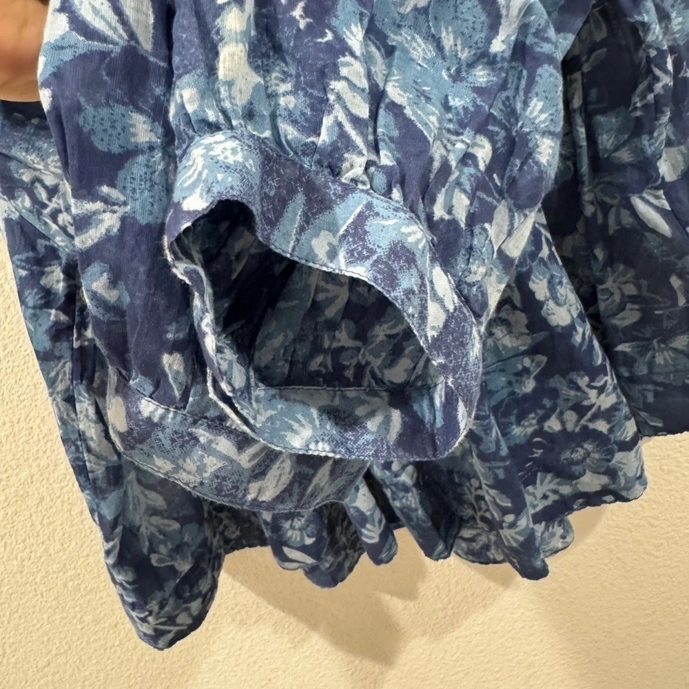 Free People Cool Meadow Blue Floral 100% Cotton Button Front Peasant Blouse XS